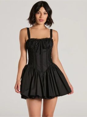 The Vintage Shop Black Tank Corset Basket Waist Lace Mini Dress Coquette Dainty